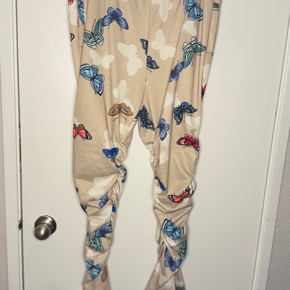 Butterfly Print Beige Pants